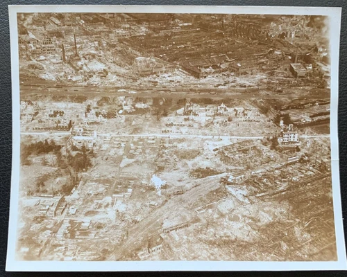 1945 WW2 REAL SEPIA PHOTO AERIAL VIEW OF BOMBED BUILDINGS UNKNOWN AREA GERMANY