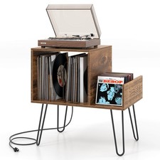 Turntable Stand Record Player Stand w/ Built-in Charging Station Metal Legs