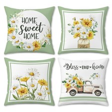 Daisy Throw Pillow Covers 18 x 18 Inch Set of 4, Spring Flowers Bouquet Vase ...