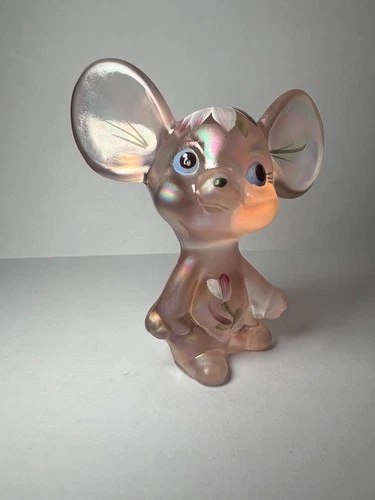 VINTAGE PINK IRIDESCENT FENTON MOUSE FIGURINE DECORATED WITH FLOWERS