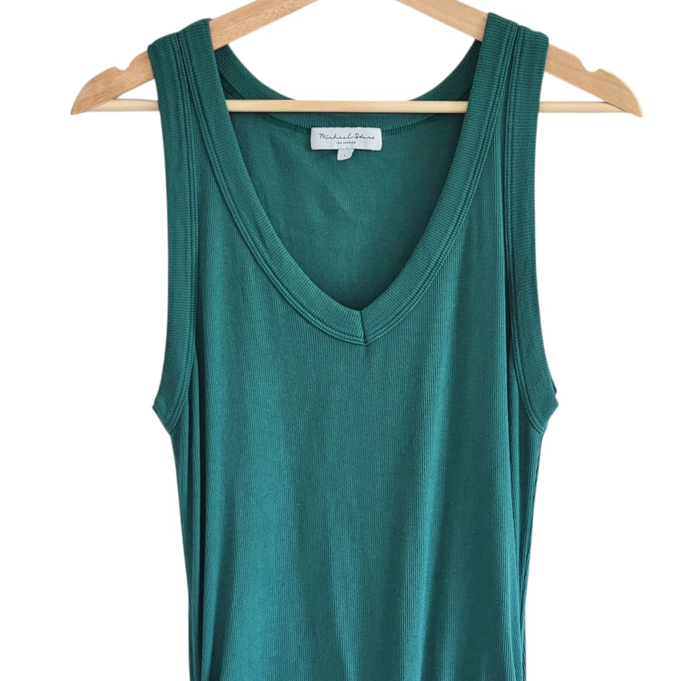 Michael Stars Dress Large Ultra Rib Lori Bodycon V-Neck Midi Green Ruched USA - Image 3 of 4
