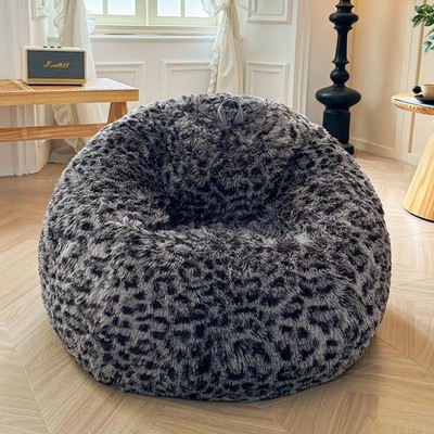 Faux Fur Leopard Print Bean Bag Chair Cover No Filler Fluffy