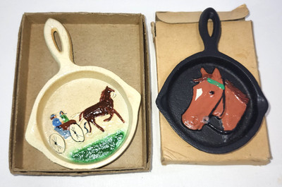 2 Minature Hand Painted Cast Iron Pans - Horse & Amish Couple in Buggy, 4''x3''