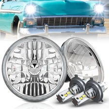 Pair 7 Inch GLASS Round Headlight Housing + H4 LED Bulb CLASSIC Conversion Kit