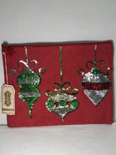 Mud Pie Christmas Dazzle Jute Sequin Clutch Case Red Holiday Ornaments Carry All