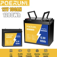 POERUNI 12V 100Ah LiFePO4 Lithium Battery BMS for Deep Cycle RV Marine Off-Grid