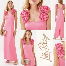 NUEVO CON ETIQUETAS $298 Lilly Pulitzer Aamira Soirée Satin Maxi 16 en Rousseau Rosa con Rosetas