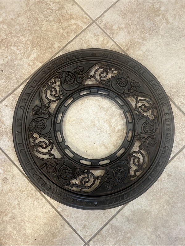 Antique 1897 Adams Co 2 Pc Cast Iron Stove Pipe Collar Round Floor Grate 6” Pipe
