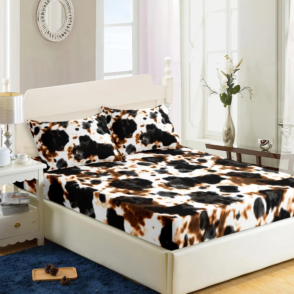 Juego de sábanas ajustables con patrón de cuero de vaca tamaño queen, juego de sábanas con estampado de vaca, piel de vaca con... Foto 3 de 4