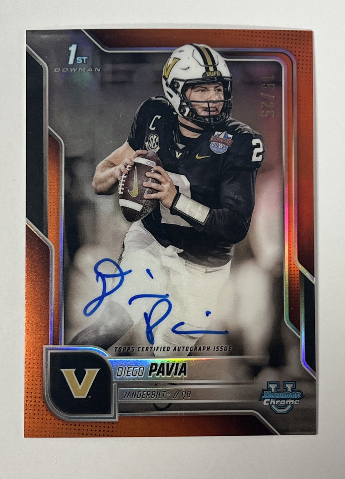 Diego Pavia 2025 Bowman Chrome U 1st Prospect Auto Orange Refractor /25 KG