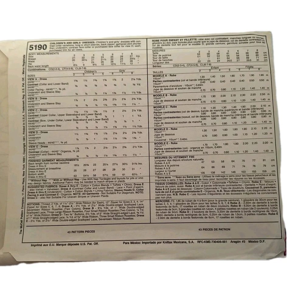 McCall's 5190 Childs Collar Flower Girl Dress Sz 6-8 VTG Pattern UC FF - Image 4 of 4