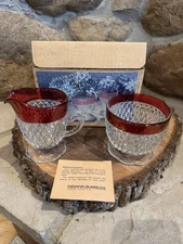 Vintage Indiana Glass Flashed Ruby Red Trim Diamond Point Cream and Sugar Set