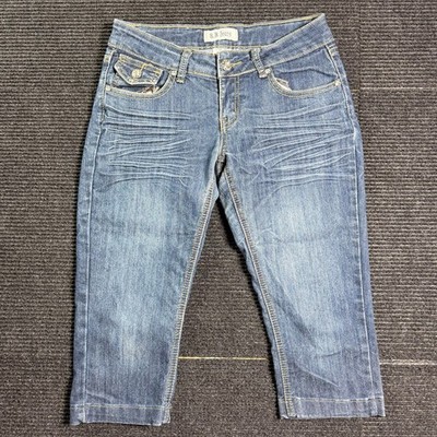 B.B Jeans Juniors 5 Blue Denim Capris Embroidered Low Rise Cotton Blend