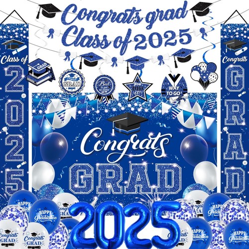 Graduation Decorations Class of 2025, Blue White Graduation Party Supplies In...
