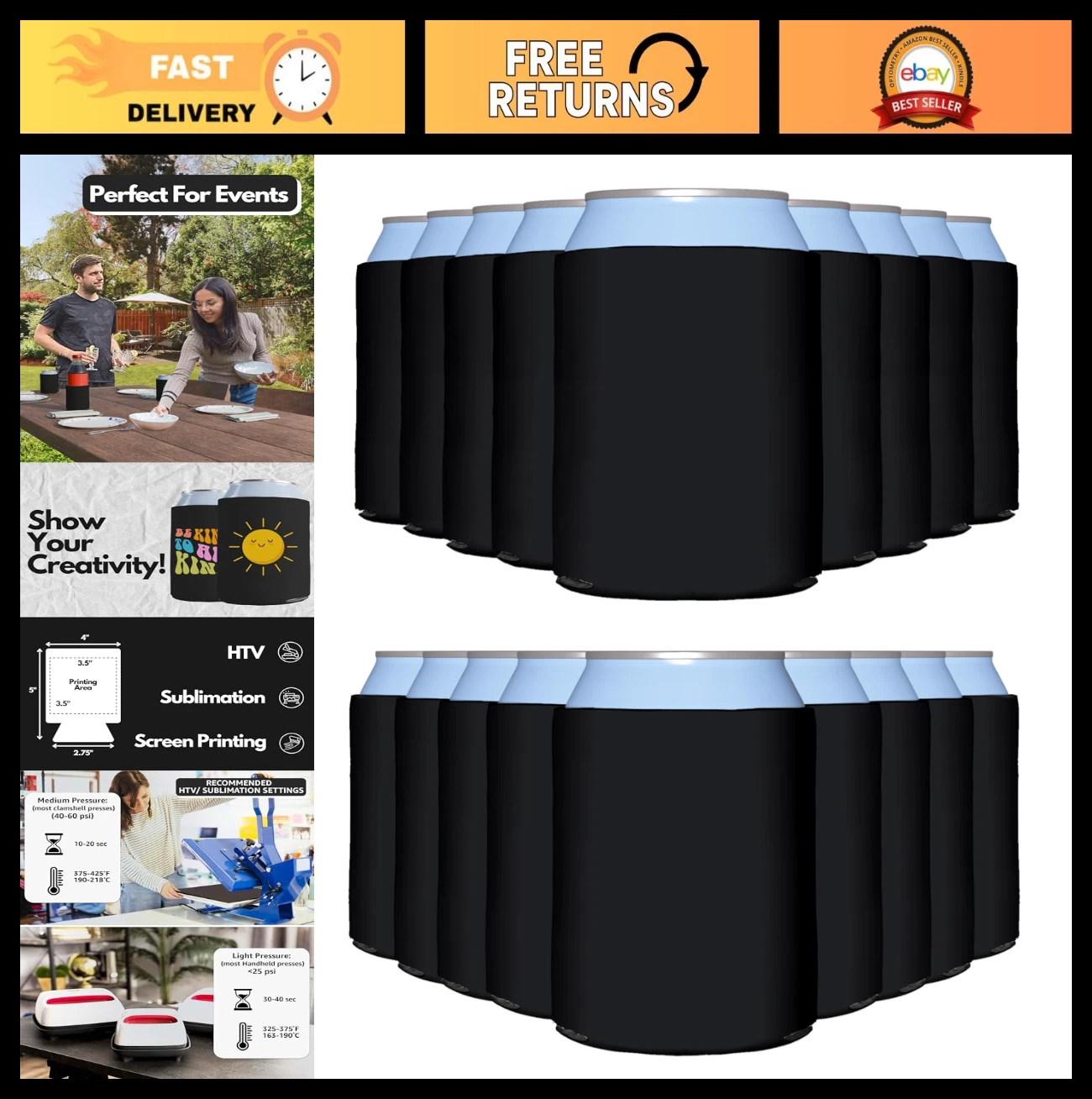100 Pack Black Blank Can Cooler Sleeves - Customizable Foam Insulator for Beer &
