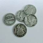 MERCURY SILVER DIMES LOT OF 5, 90% SILVER CIRCULATED COINS FREE SHIPPING #8993