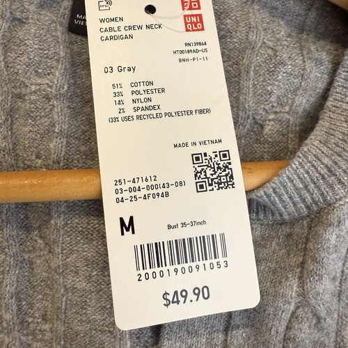 Cárdigan Uniqlo Japón Tejido por Cable Mezcla de Algodón Cuello Redondo Gris Talla M Nuevo con Etiquetas - Imagen 8 de 9