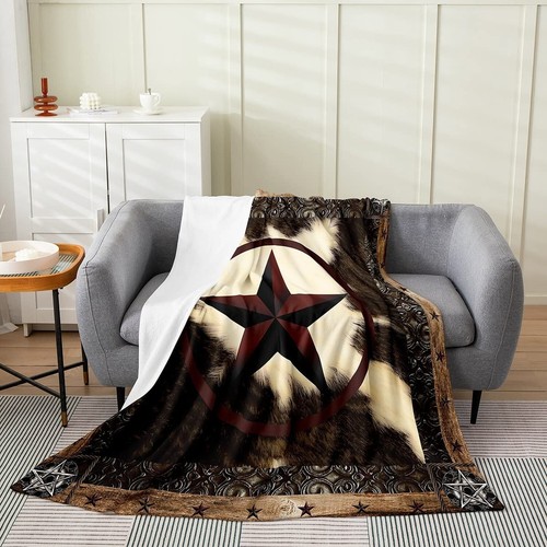 Rustic Cow Print Fleece Blanket Queen 90x90,Vintage Western Texas Star Throw ... - 第 1/7 張圖片