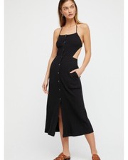 Free People Margaret Ribbed Halter Midi Dress, Black, Large, RRP $88