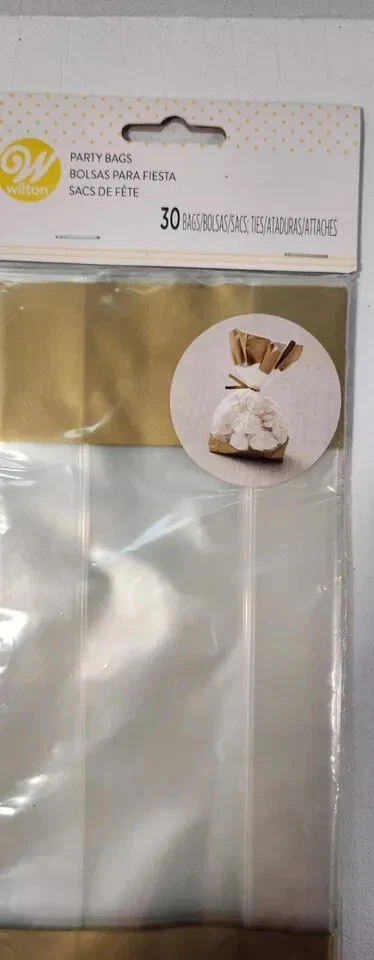 Pack de 30 bolsas de golosinas de fiesta Wilton transparentes con doradas con corbatas Foto 3 de 4