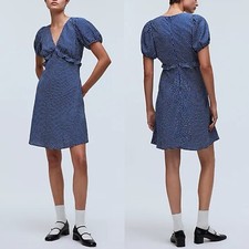 MADEWELL Mini Dress Women 0 Blue Polka Dot Ruffle NEW Puff Sleeve NP106