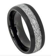Free Engraving - BLACK Tungsten Carbide with Meteorite Inlay Wedding Band Ring