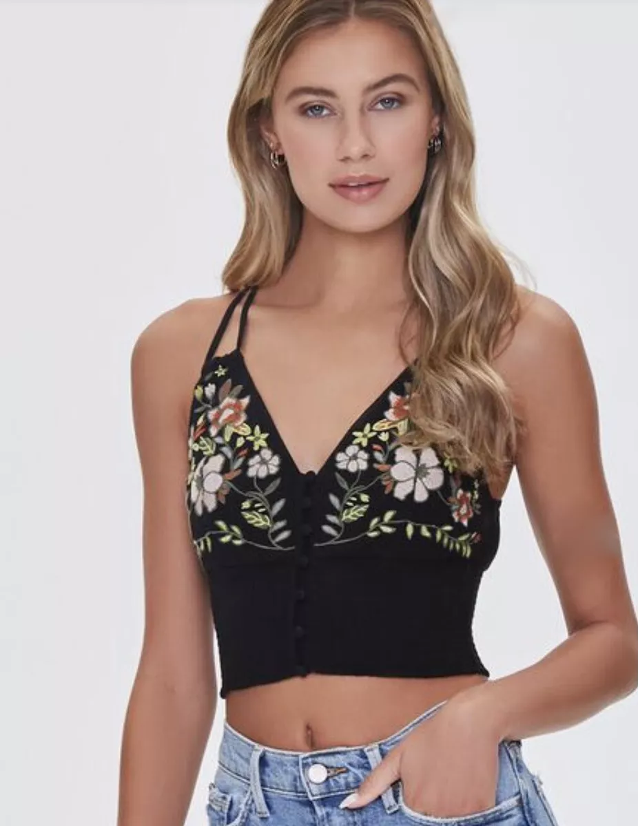 Forever 21 Floral Cropped Cami Top Embroidered Black Small S NEW! $23