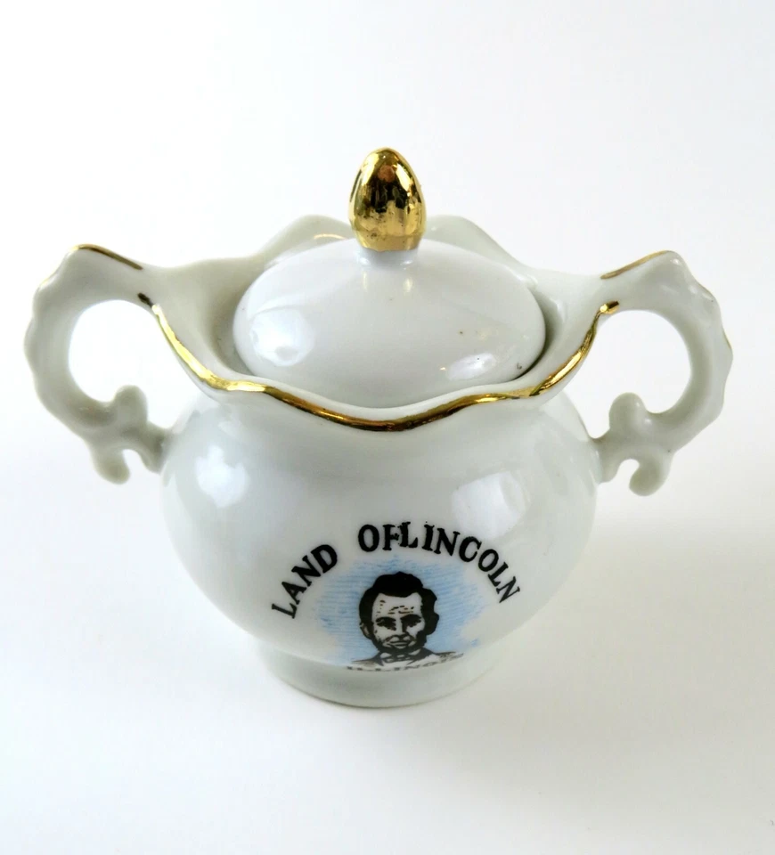 Juego de jarra de crema y azúcar vintage de recuerdo Land of Lincoln China, Enesco, Japón Foto 3 de 4