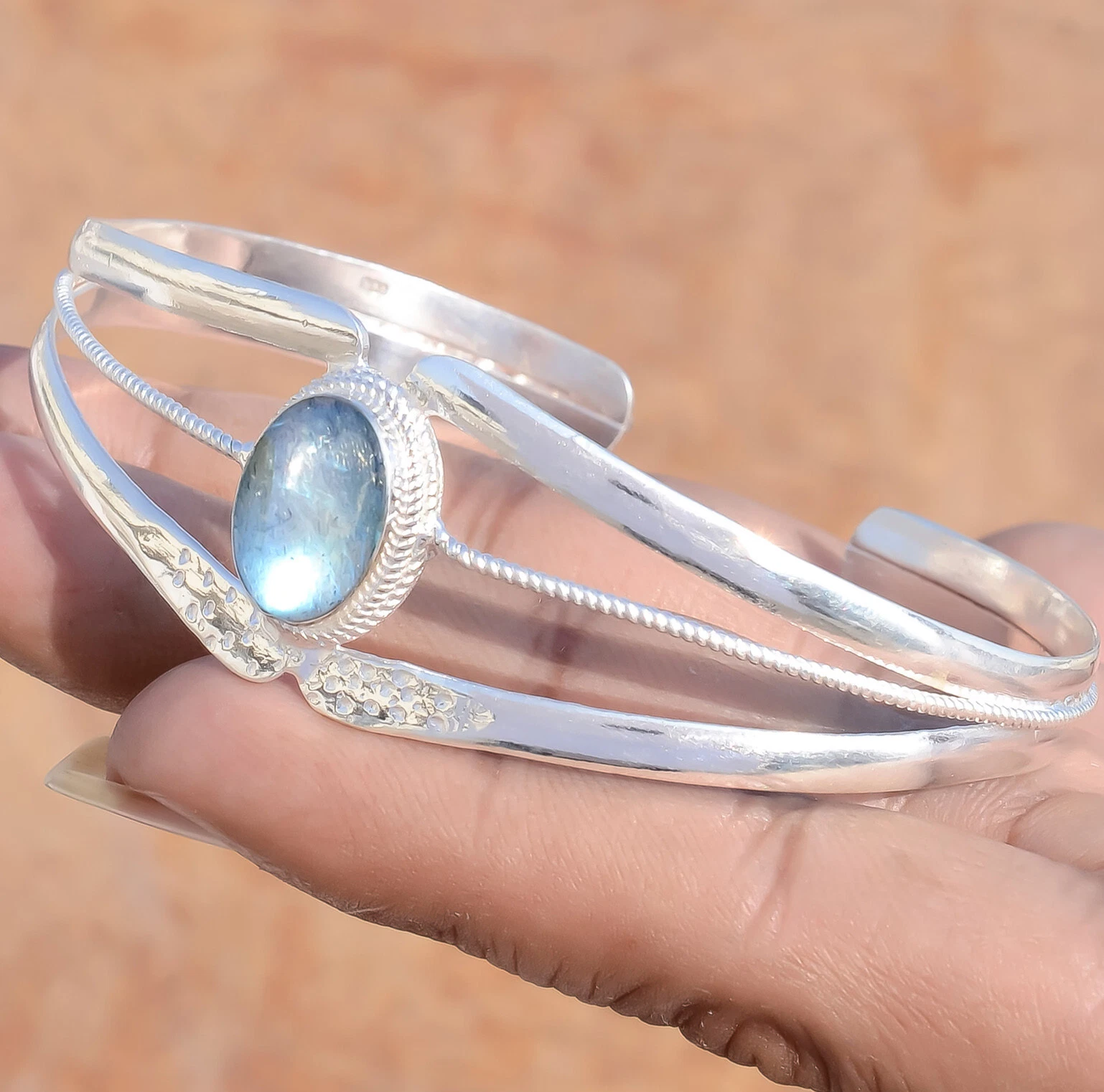 VALENTINO Bracciale Argento Sterling 925 Pietra Preziosa Labradorite Fuoco Blu Regalo Per Partner