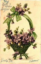 Beautiful Purple Flowers In Green Basket, My Best Wishes To You Postcard