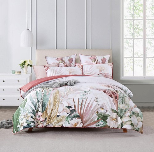 ALD Botanical White Pink Queen King Super Quilt Duvet Doona Cover Set Cotton - Picture 2 of 8