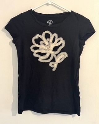 Ann Taylor Loft Petite Women's Short Sleeve Black Embroidered Tee Shirt Sz XSP
