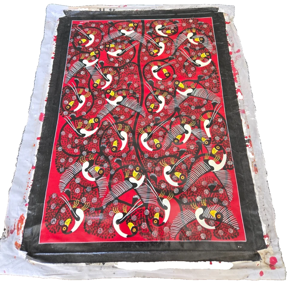 Birds Chatter Red Original Signed Tinga Tinga East African oil painting - Image 4 of 4