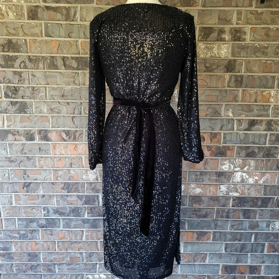 Betsey Johnson Dress Womens Medium Black Sequin Velvet Sash Long Sleeve Midi - Image 2 of 4