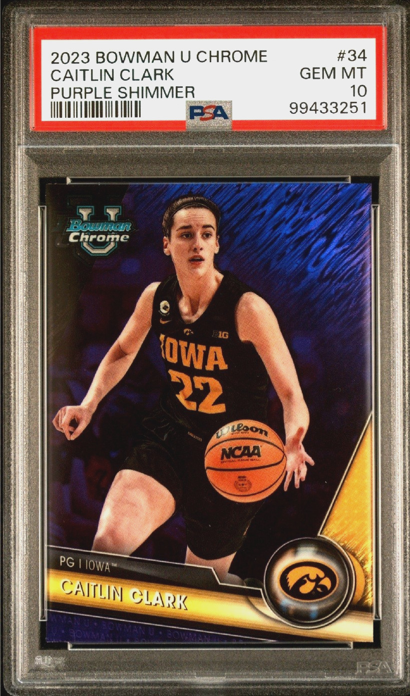 🔥2023 Caitlin Clark Bowman U Chrome Purple Shimmer #34 LOW POP 12 PSA 10