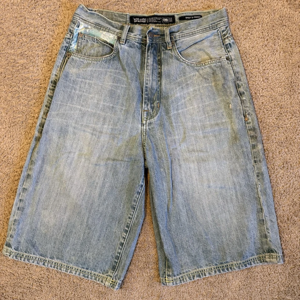 "Pantalones cortos de mezclilla Ecko Unitd para hombre 32"" calce holgado bordados ropa de calle azul" Foto 2 de 4