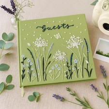 Embroidered Guest Book Botanical Keepsake Green Floral Linen Sign In Album