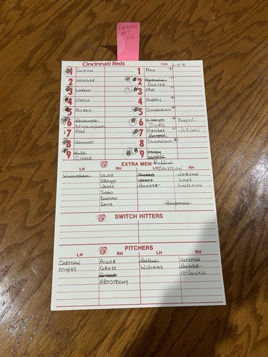 Cincinnati Reds Game Used Lineup Card June, 15, 1991 Barry Larkin Home Run Rare