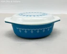 Pyrex Snowflake Garland Divided Casserole Dish 043 1.5 Qt Turquoise Blue Vintage
