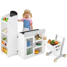 Kids Grocery Store Playset w/Shopping Cart, Scanner, Chalkboard Checkout Belt