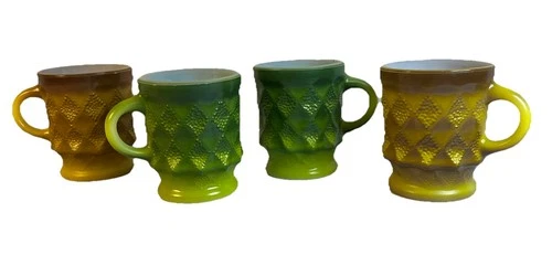 4 VTG Fire King 2 Yellow Brown 2 Green Kimberly Diamond Anchor Hocking Cups Mugs