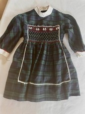 Polly Flinders Vintage Hand Smocked Dress - Size 4 - black watch plaid