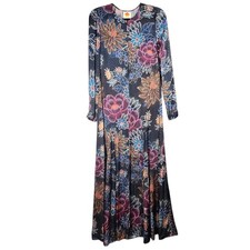 Farm Rio Black Floral Maxi Dress S Small Zip Front Long Sleeve Zip Wrists Boho