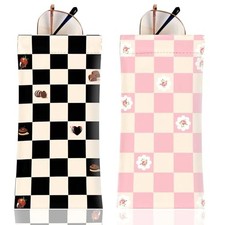 2Pcs Sunglass Eyeglass Glasses Case Soft PU Leather Black and Pink Checkered a