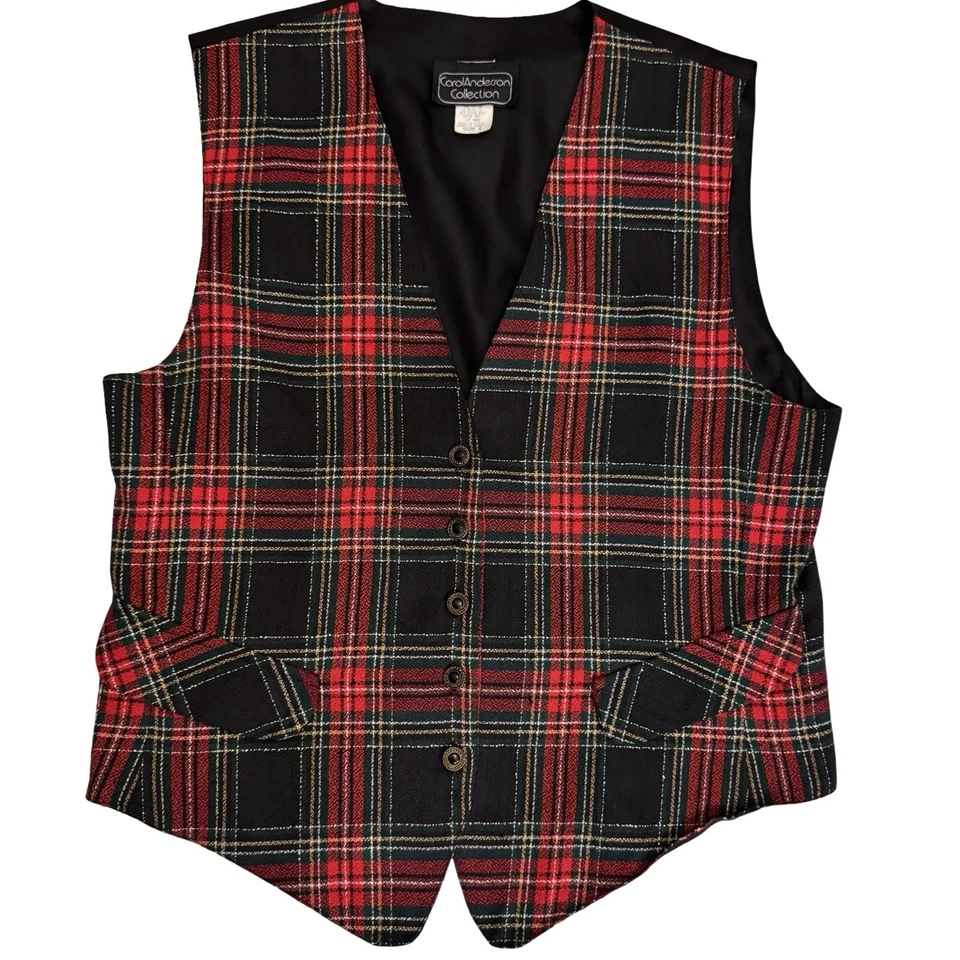Colete Feminino Vintage Carol Anderson Xadrez Vermelho Tartan Metálico 8 Fabricado nos EUA Anos 90 - Imagem 2 de 4