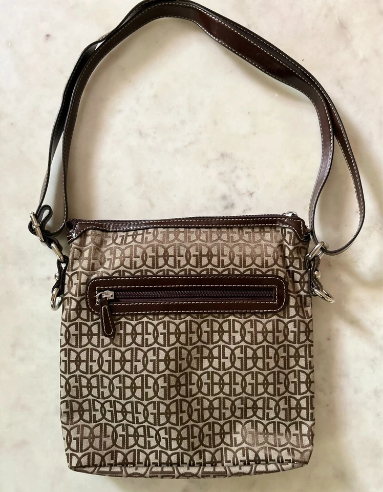 Сумка GIANI BERNINI трикотажная с логотипом | бежевая золотисто-коричневая ткань и кожаная сумочка новая без ценников - Изображение 2 из 4