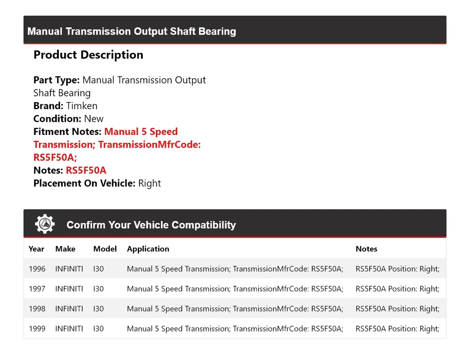 Cojinete de eje de salida de transmisión manual Timken derecho para Infiniti I30 1996-1999 Foto 2 de 3