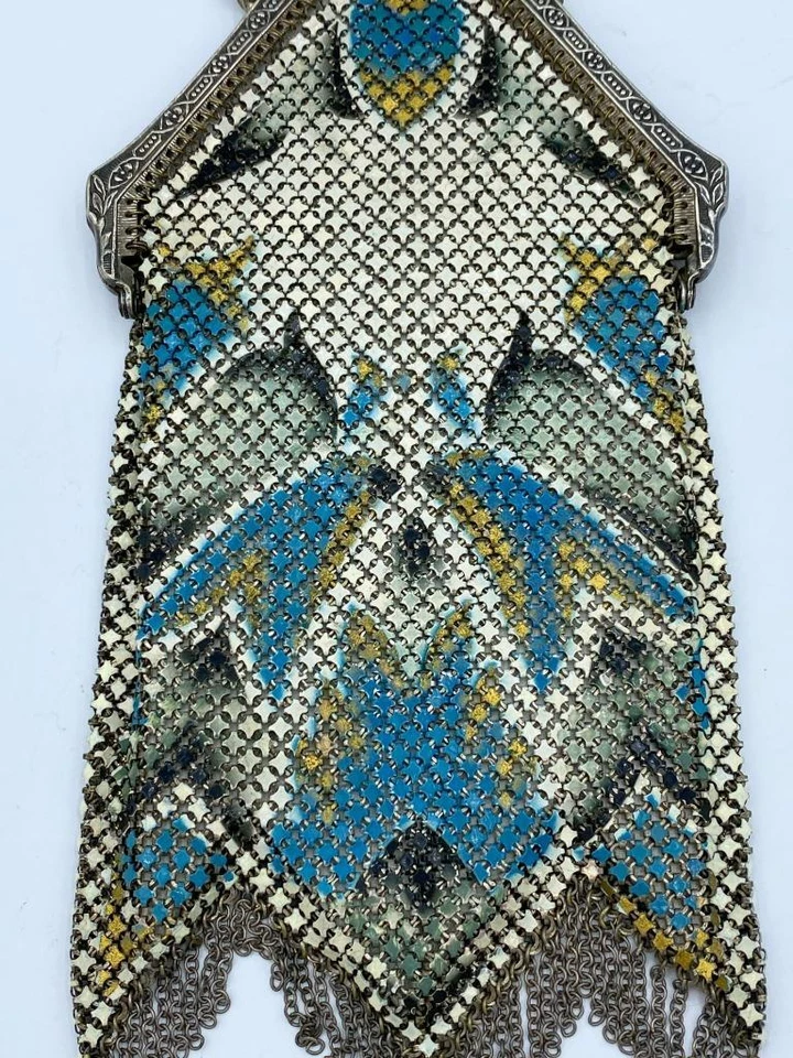 Cartera antigua Art Deco Mandalian esmalte malla aleta con marco floral ornamentado Foto 4 de 4