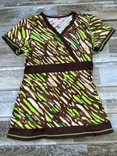 Women's S Koi Scrub Top brown green striped Nurse Doctor Medical