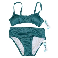 Bikini Swim Suit 2pc Set Sz S Shiny Green High Waisted Bottom & Bralette Mala